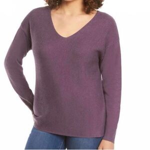 Ella Moss Womens Ribbed V-Neck Sweater Solid Purple Pullover Size Small